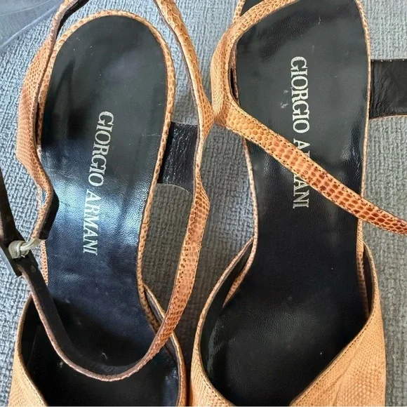 GIORGIO ARMANI Womens Croc Embossed Leather Heels Brown Tan Slingback Sz 38 1/2 - Picture 6 of 13